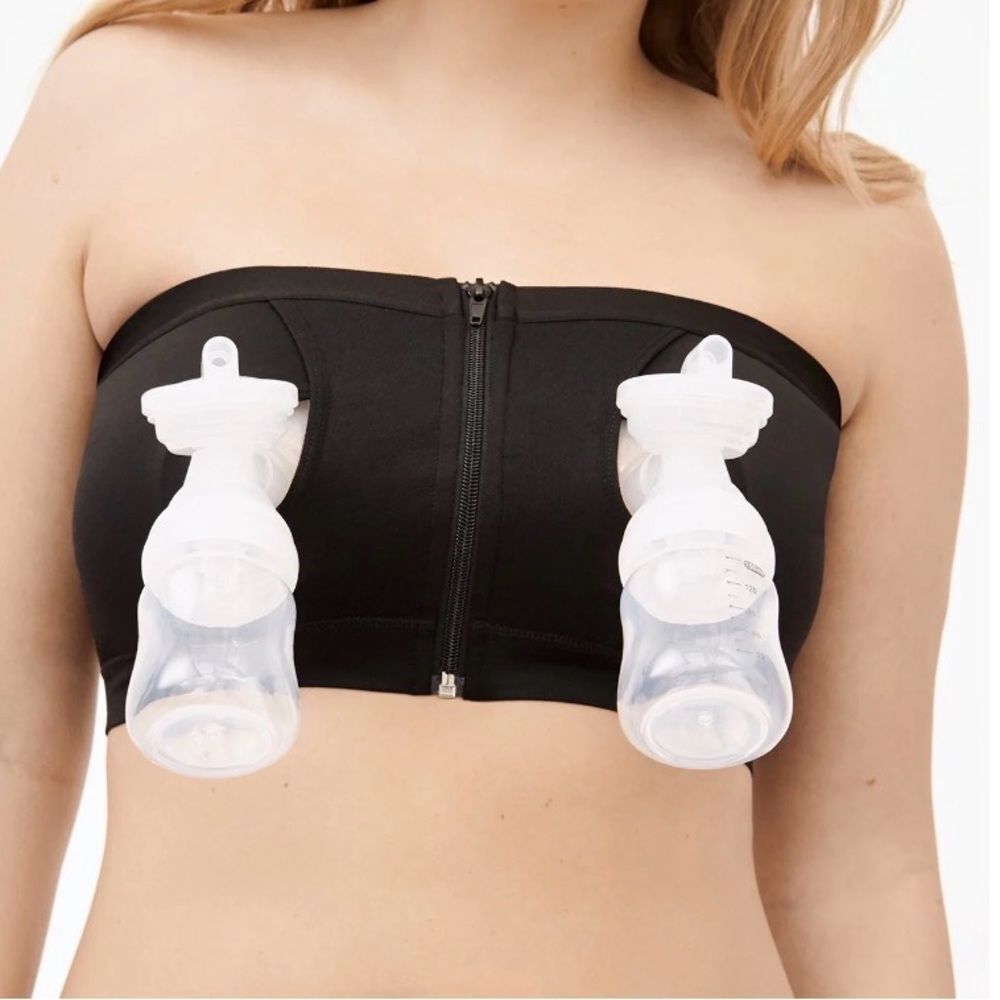 Maternity Hands Free Pumping Bandeau Bra XXL Black Strapless Nursing Zip Front